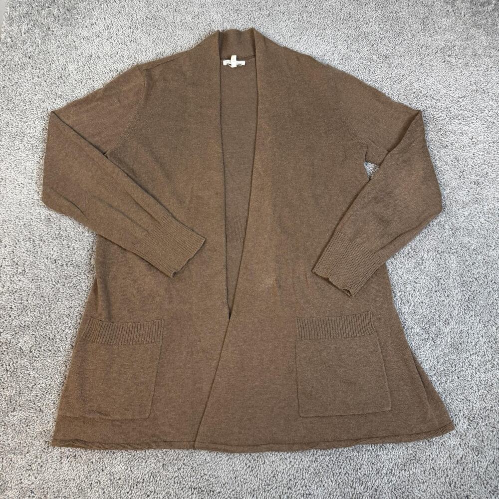 Eileen Fisher Cardigan Sweater Womens M Brown Cotton Cashmere Open Pockets
